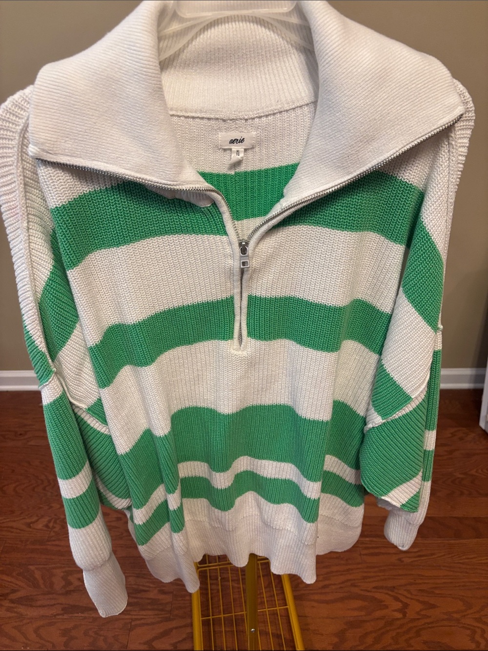 aerie Cream and Green Striped Half-Zip Sweater
